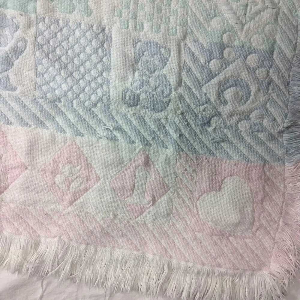 Vtg Pastel Tapestry Baby Blanket Fringe Pink‎ Blue Yellow Green Bear 1 2 3 A B C